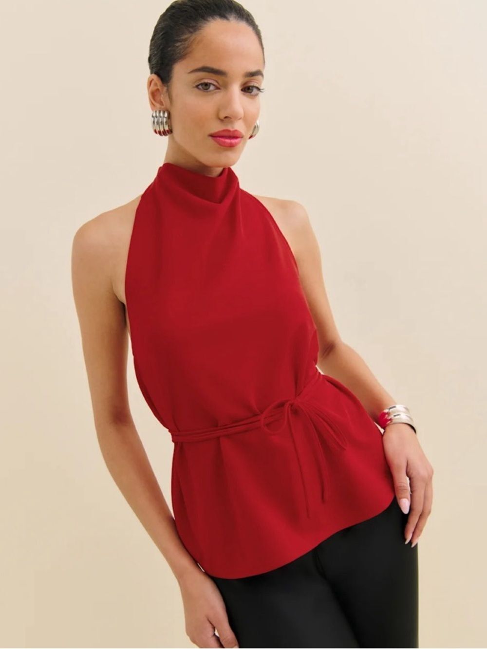Reformation Red Open Back Halter Tie Top Size Medium